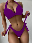 Solid Color Neck Bikini Strap Split Hard Cup Crimp Swimsuit