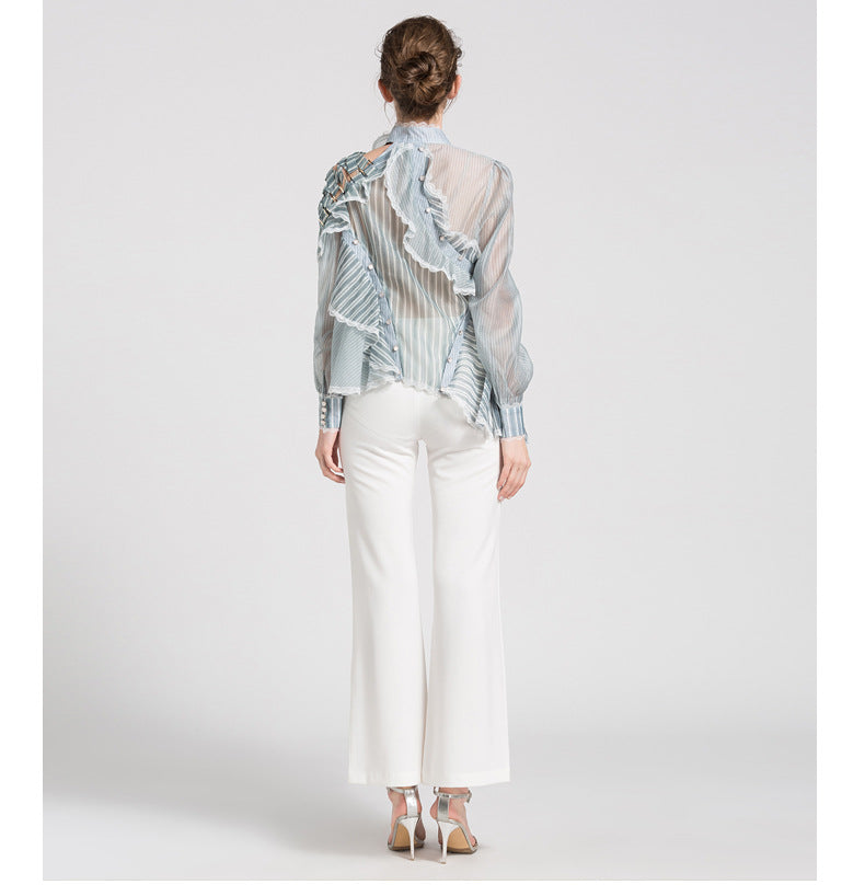 Short Shirt Women Spring Green Striped See-through Organza Turtleneck Patchwork Sexy Top