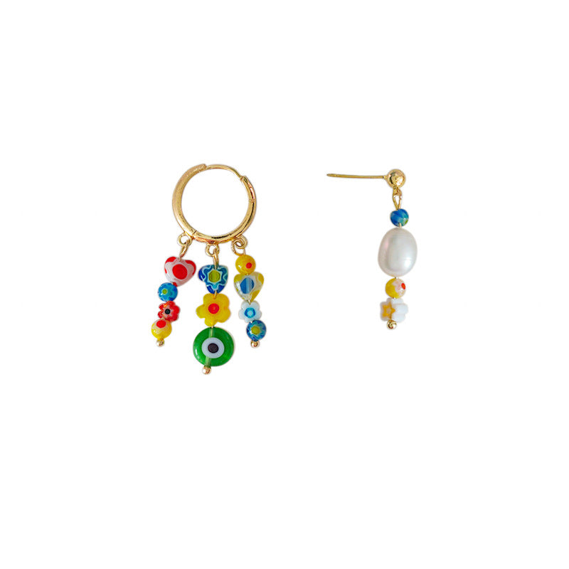 Women's Fashionable Asymmetric Design Glass Floral Colored Glaze Ear Clip