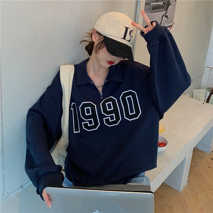 Retro Half Zipper Polo Lapel Long Sleeve Sweater For Women