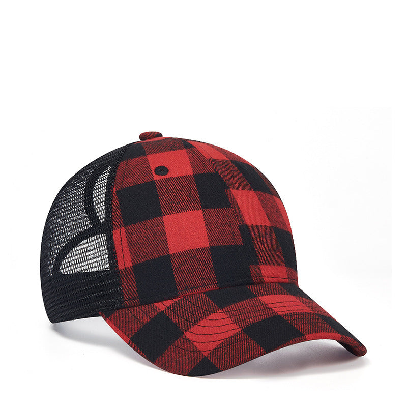 Women's Baseball Korean Style Wild Black And Red Plaid Curved Brim With Mesh Cap