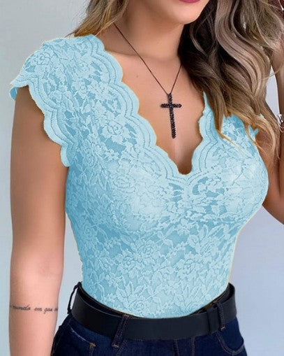 V Neck Lace Vest Top Sleeveless Solid Wire Free Tops