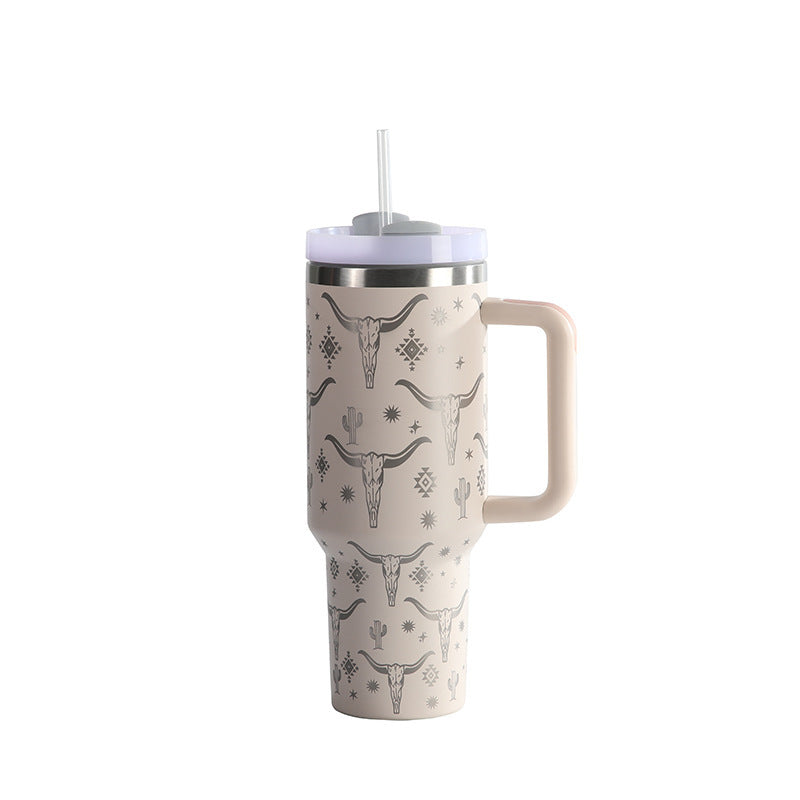 Laser Cow Head Printing Vacuum Cup Business Men's Large Capacity Warm-keeping Water Cup