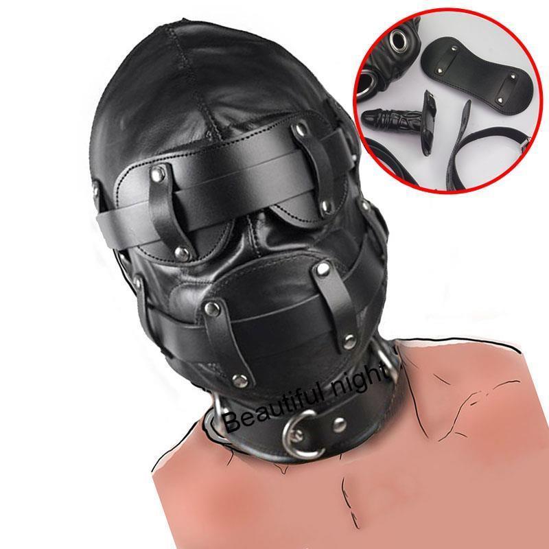 Leather Hood For Mask Removable Dildo Ball Gag B