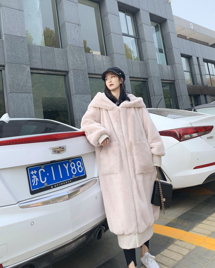 Rex Rabbit Fur Thickened Long Hooded Fur Coat Women