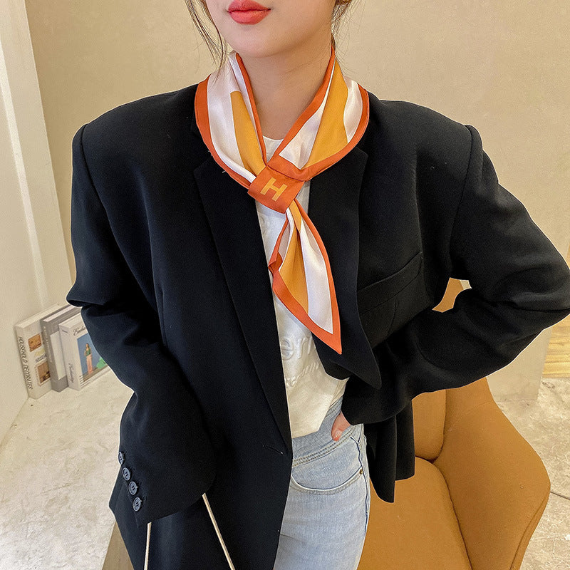 Simple Long Bow Decorated Small Silk Scarf Women