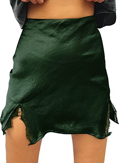 Women's Satin Lace Furcal Lower Hem Zipper High Waist Mini Skirt Hip Skirt