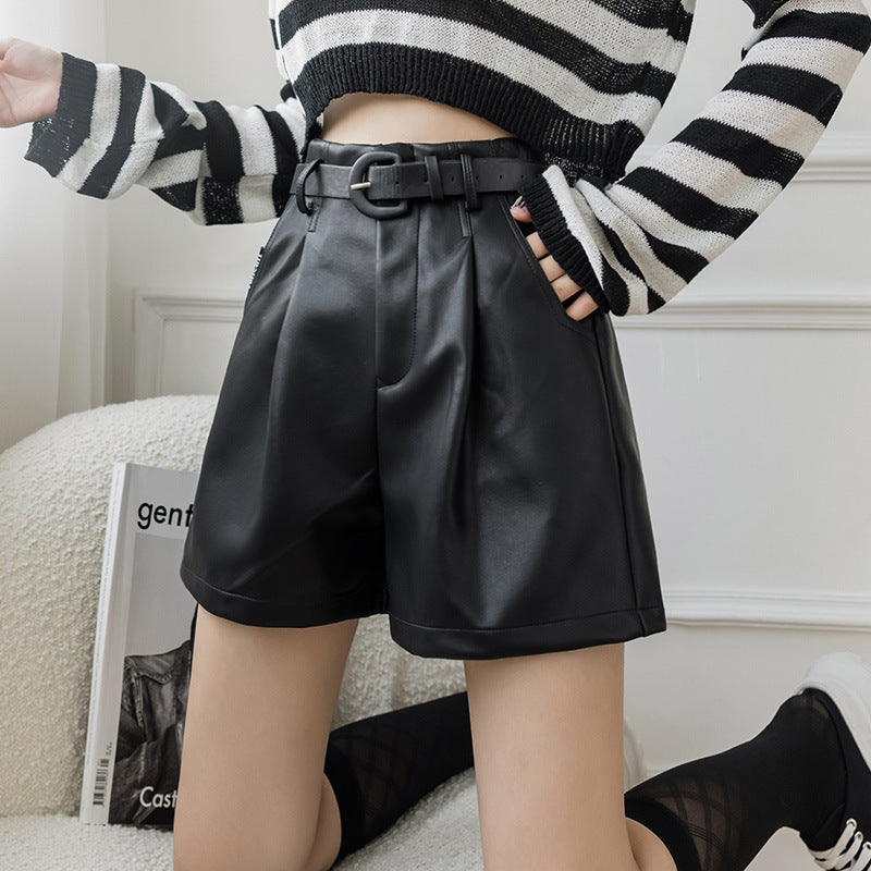 New High Waist Wide Leg A-line PU Outer Wear With Belt Leather Shorts For Women