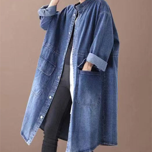 Fashionable Versatile Slimming Denim Shirt Dress Elegant Hong Kong Style Vintage Single-breasted Coat