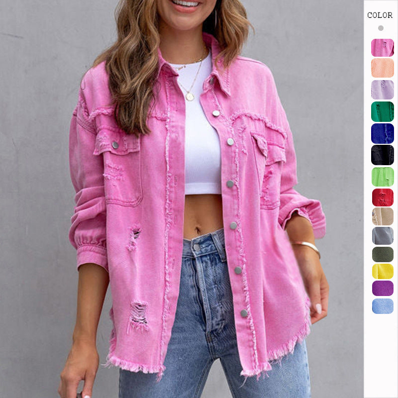Fashion Ripped Shirt Jacket Female Casual Tops Womens Clothing