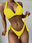 Solid Color Neck Bikini Strap Split Hard Cup Crimp Swimsuit