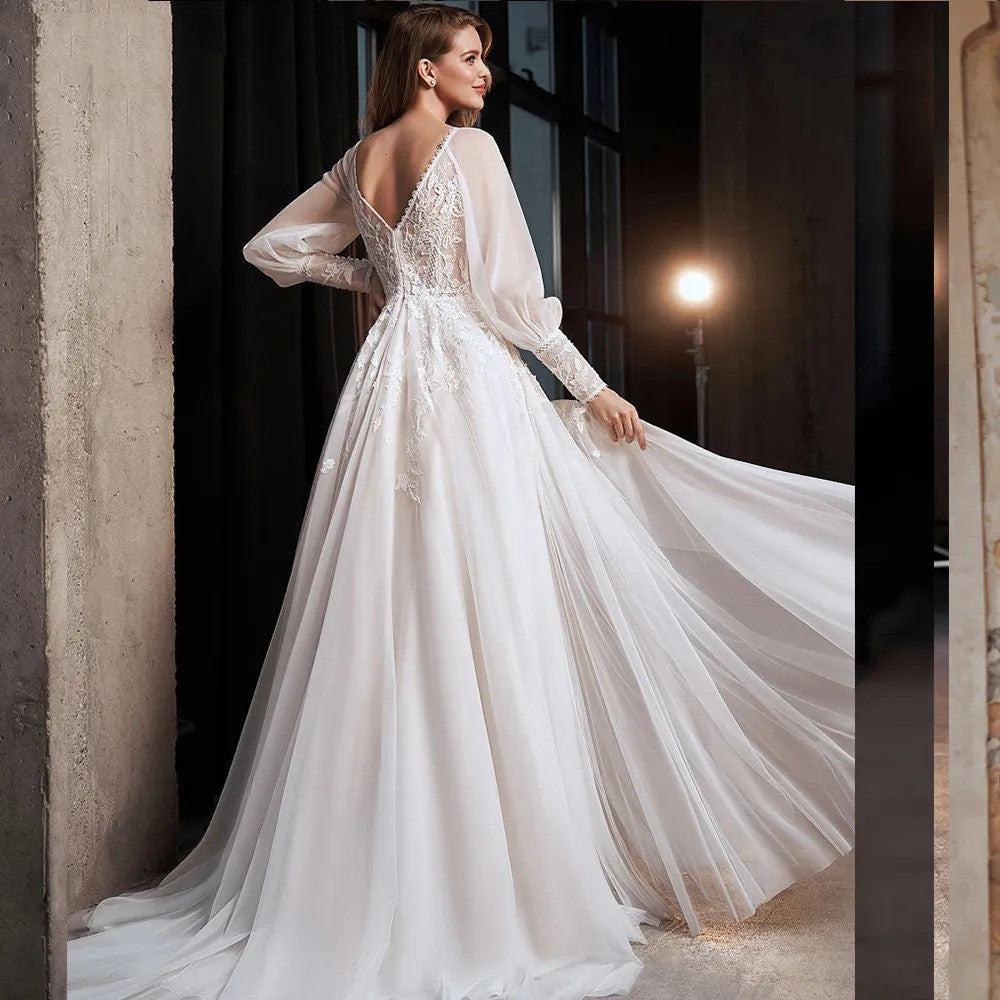Long Puff Sleeve Tulle Wedding Dress With Side Slit A-Line Floor-length Lace Bridal Gown
