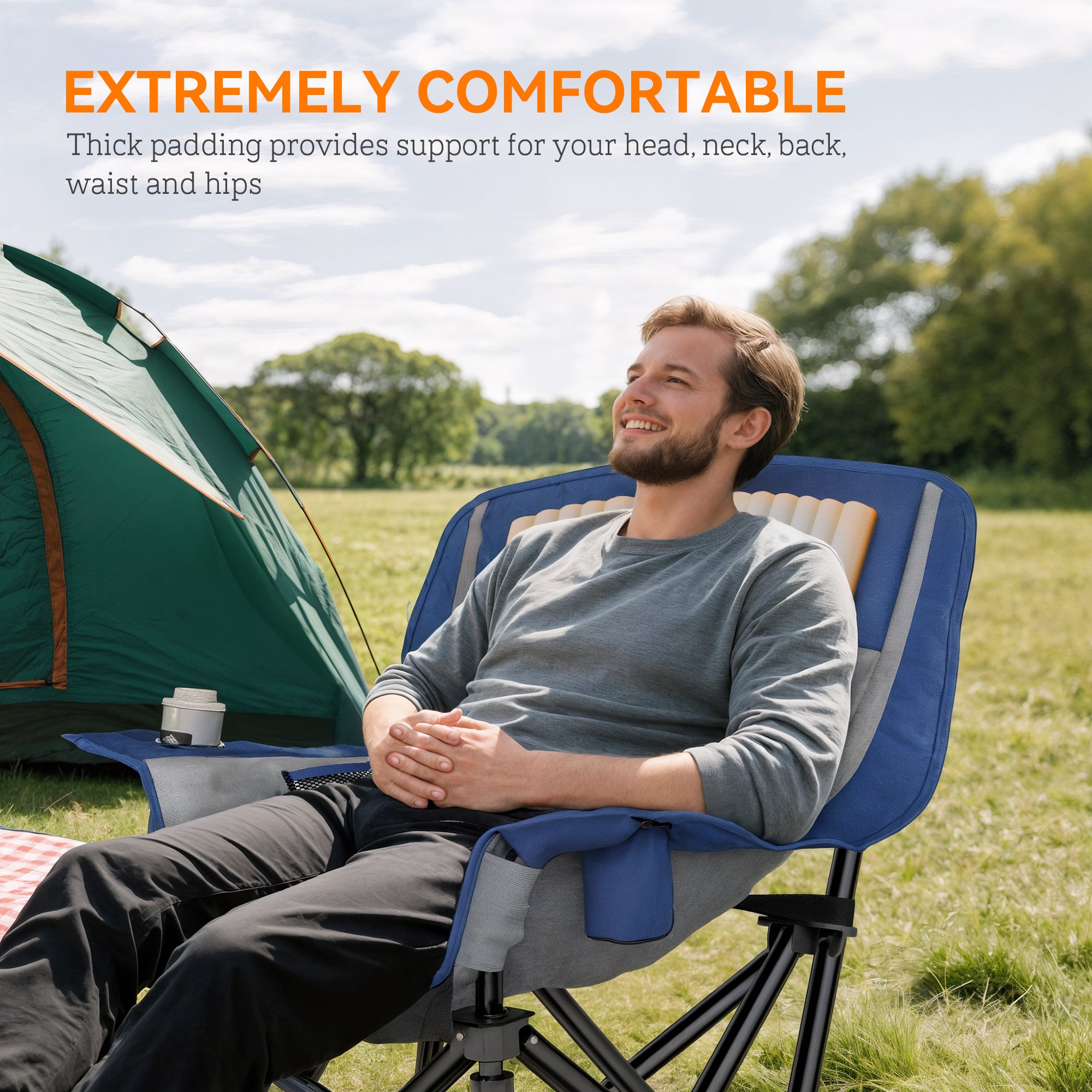 Camping Chair For Adults, Portable Folding Camping Chair With Side Pockets, Cup Holders, Carry Bag, Blue And Gray