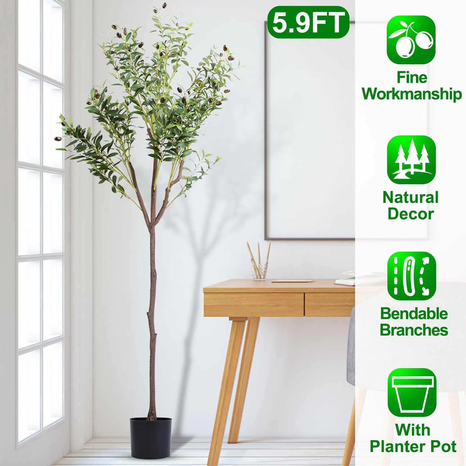 1Pc 5.9FT Artificial Olive Tree Tall Fake Olive Plant Faux Potted Olive Tree With Lush Olive Branches And Fruits With Black Planter Pot For Modern Home Office Living Room Shop Cafe