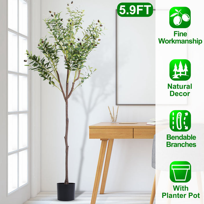 1Pc 5.9FT Artificial Olive Tree Tall Fake Olive Plant Faux Potted Olive Tree With Lush Olive Branches And Fruits With Black Planter Pot For Modern Home Office Living Room Shop Cafe
