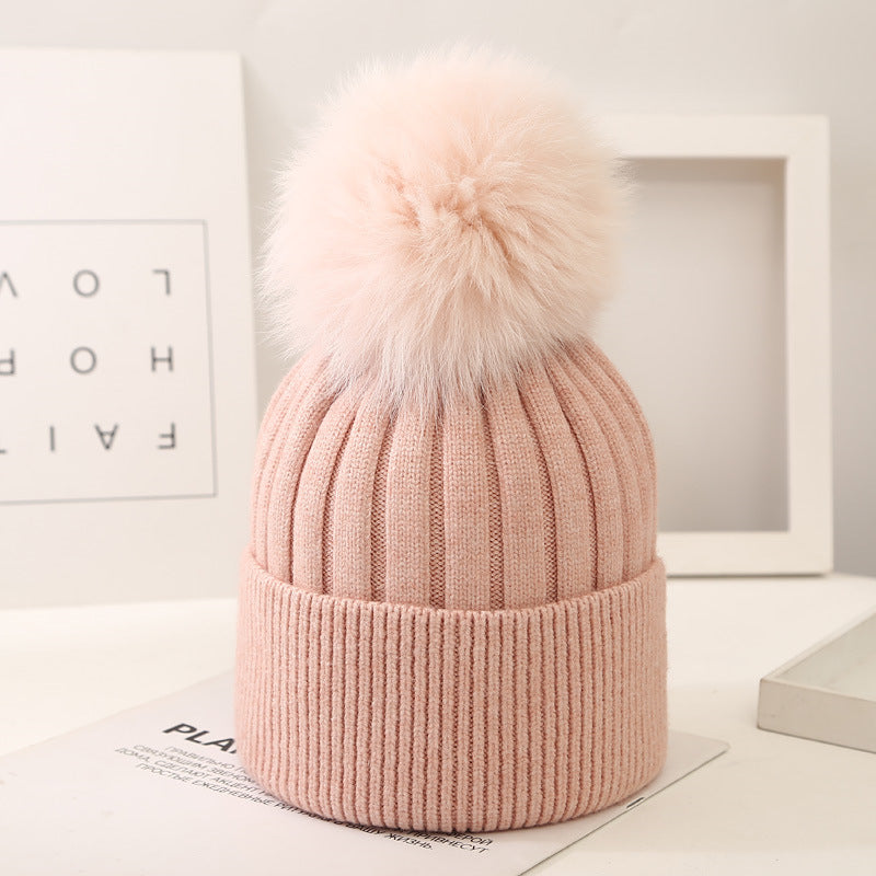 Boys And Girls Woolen Fox Fur Ball Knit Hat