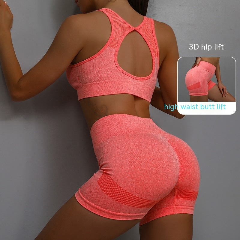 2pcs Sports Fitness Yoga Suit Breathable Hip-lifting Shorts Out Back Bra