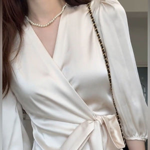 Slimming Waist Trimming Versatile V-neck Half Sleeves Elegant Satin Top For Women