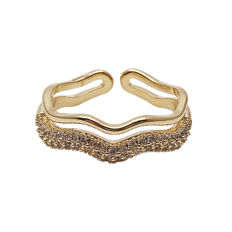 French Style Micro Inlaid Zircon Wave Twisted Ring For Women
