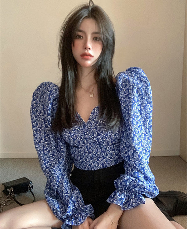 French Square Neck Floral Top For Women