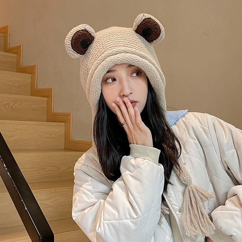 Frog Knitted Warmth Neck One Piece Woolen Hat For Women