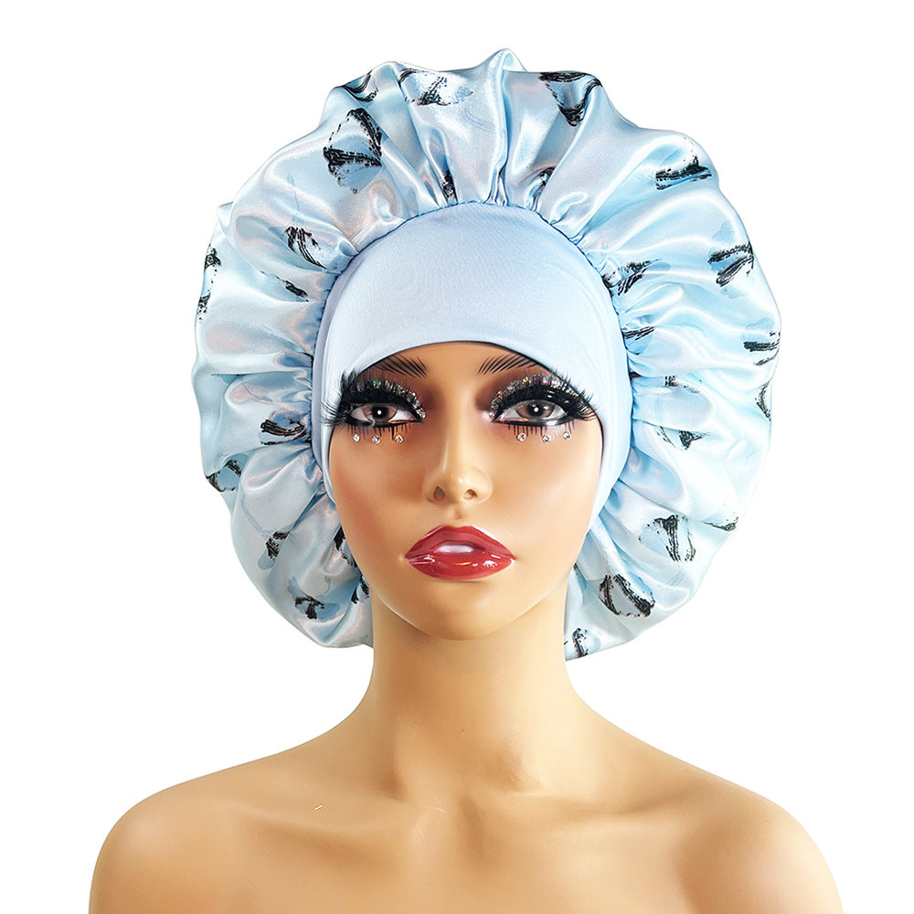 Wide-brimmed Satin Nightcap Printed Round Cap Cross-border New Arrival Printed Home Hat Soft Shower Cap Plus-sized