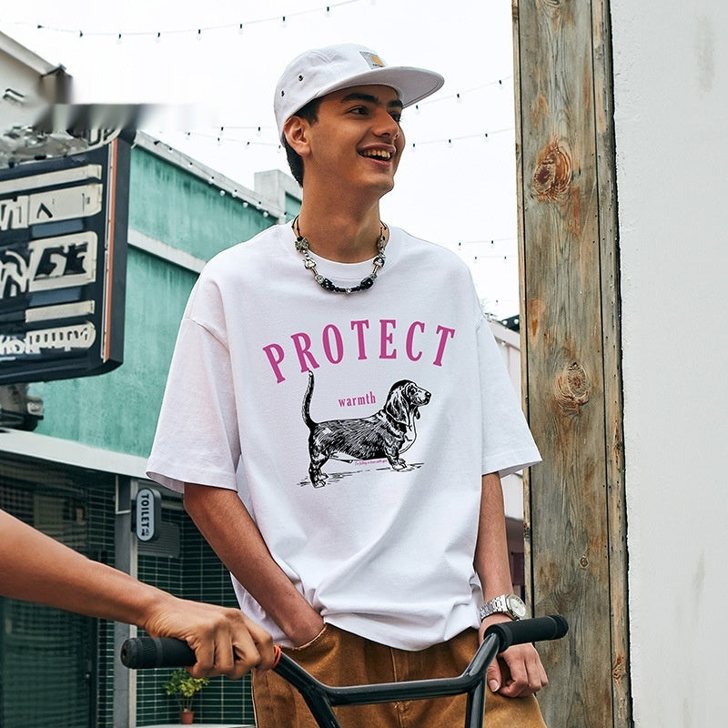 Dog Pulp-pulling Printed T-shirt Loose Animal Short-sleeved T-shirt Men