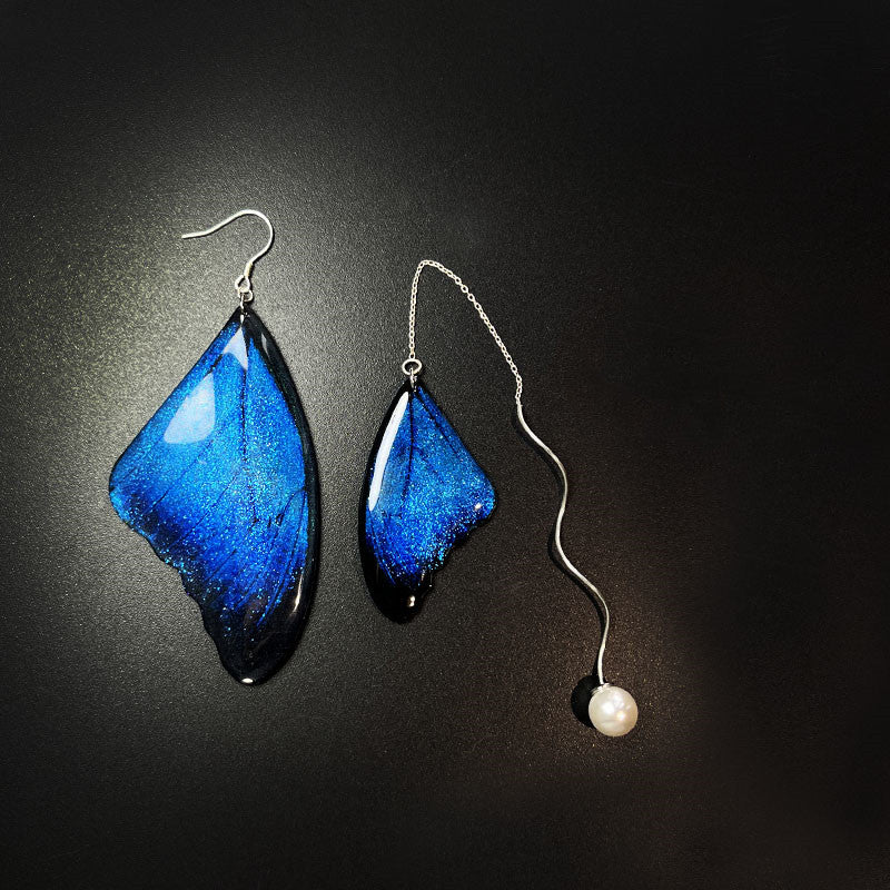 Blue Butterfly Wing Stud Earrings Long
