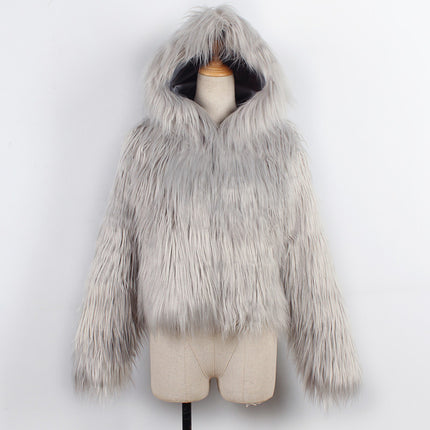 Ladies Hooded Washed Wool And Faux Fur Coat