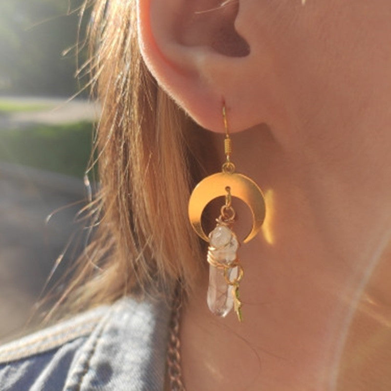 Natural Irregular Crystal Moon Star Earrings