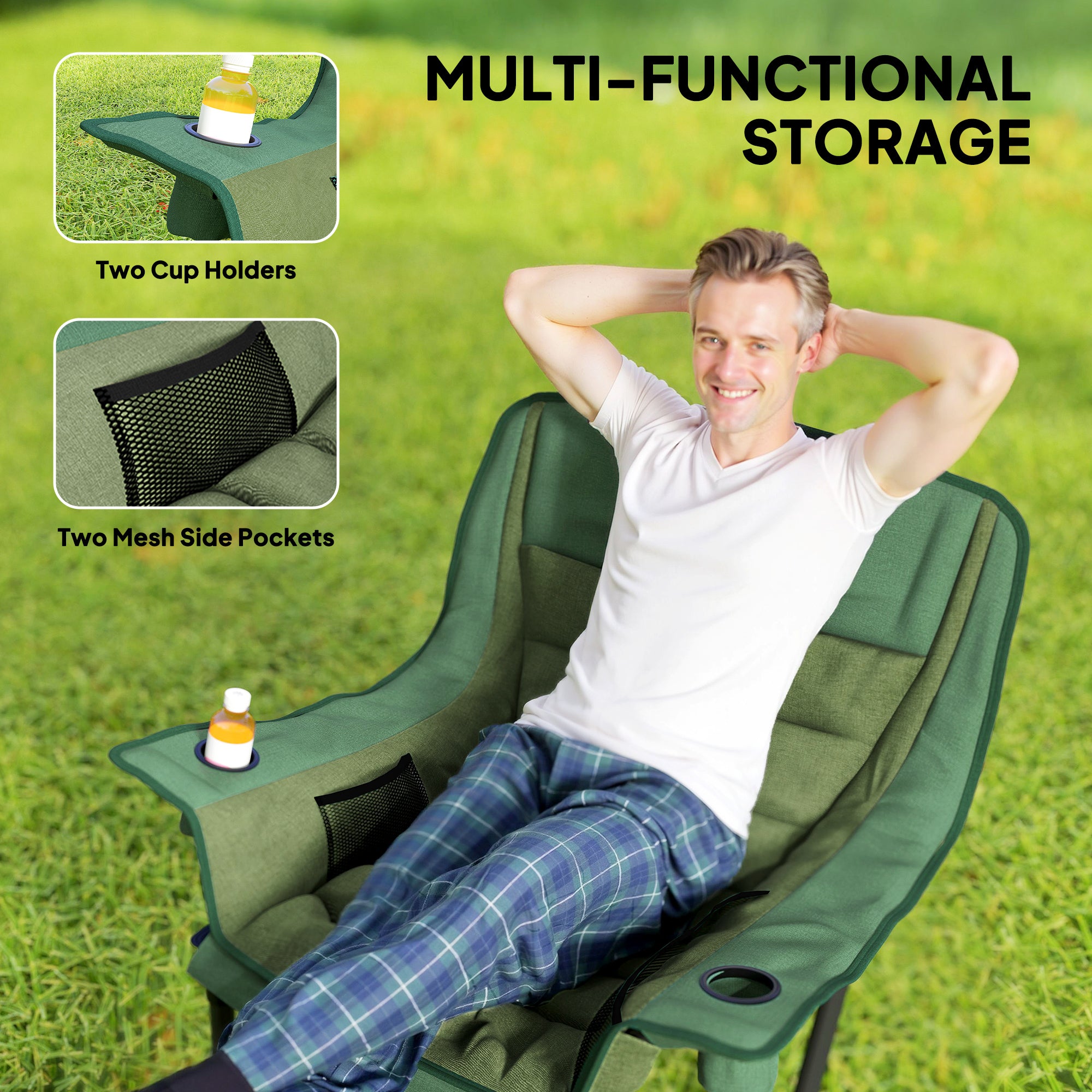Portable Padded Camping Chair, With Bag - Olive Green