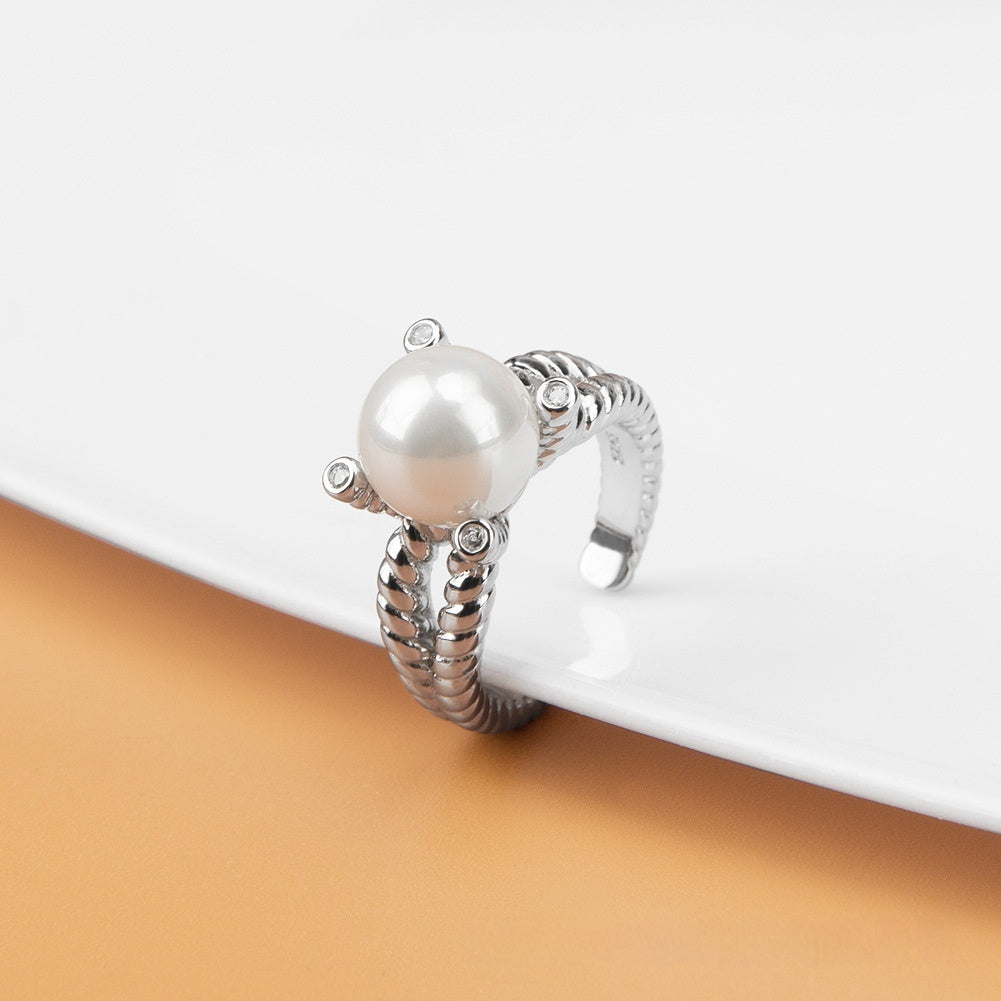 S925 Crown Pearl Ring Fashion Ins Opening Adjustable