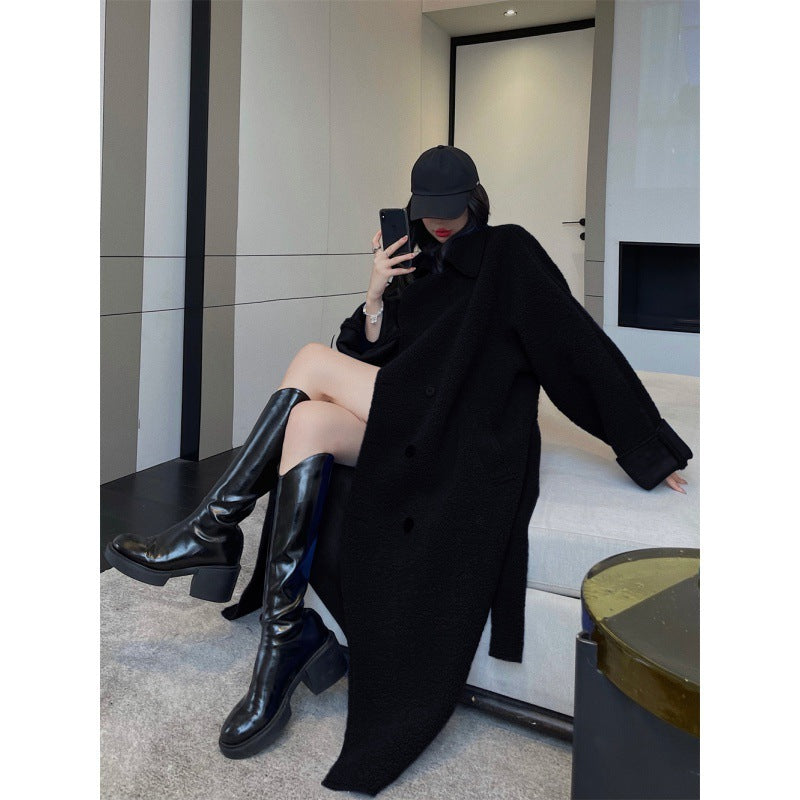 Fur Integrated Lamb Wool Medium Length Thickened Blue Coat