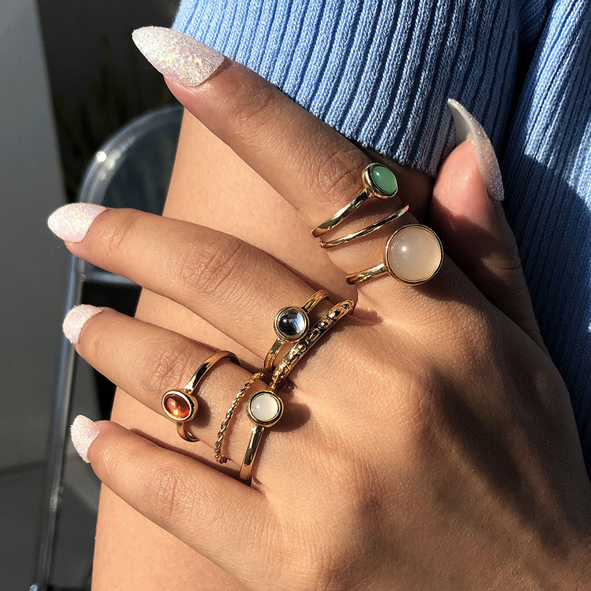 Alpcamers Colorful Stone Metalic Finger Rings Joint Combination Rings