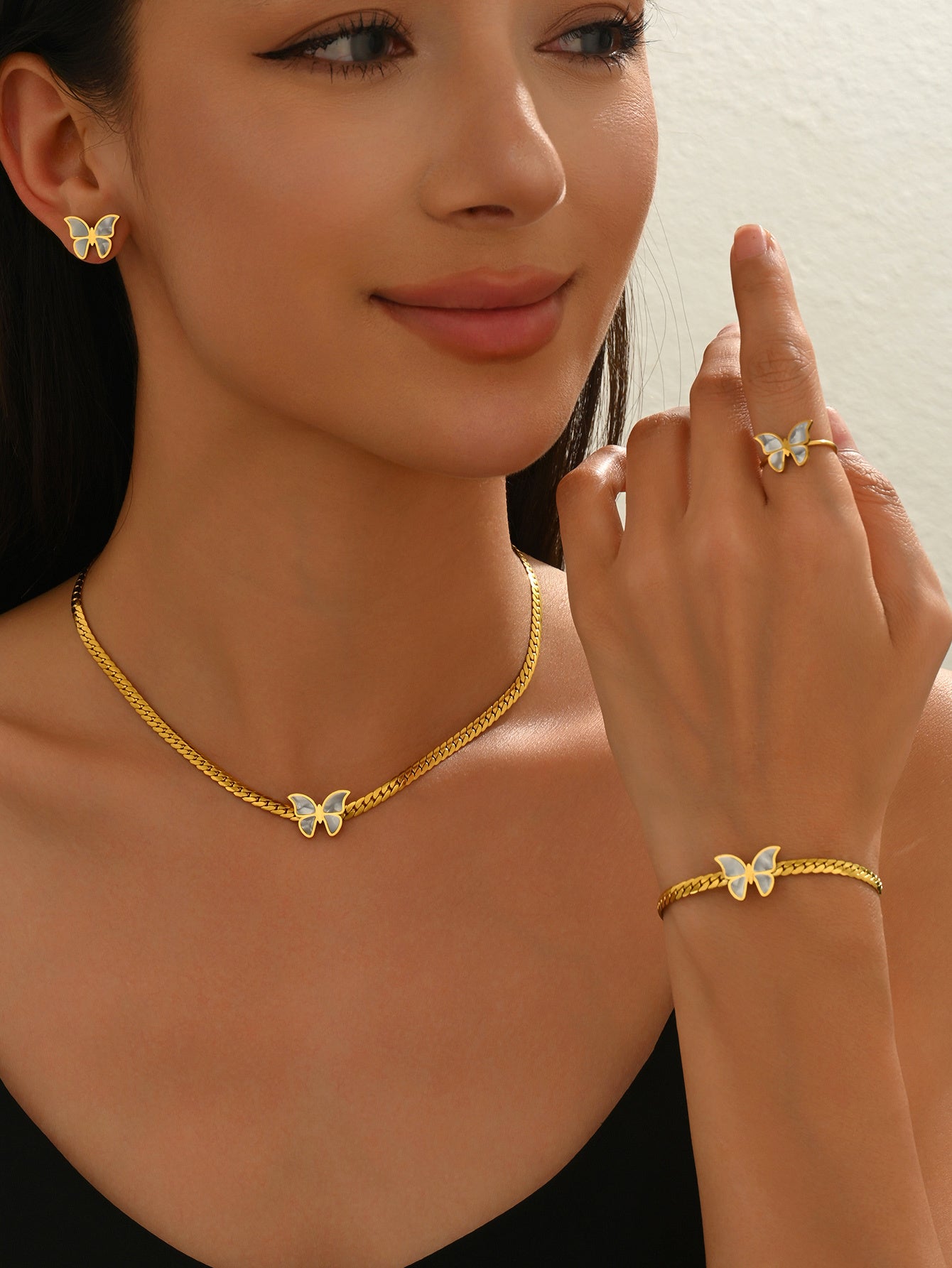 Lxalry 18K Gold Plated Butterfly Jewelry Set With Mirror Polish  Hypoallergenic Skin Safe 4PCS Necklace Earrings Bracelet Ring For Women, Never Fade Luxury Gift For Her