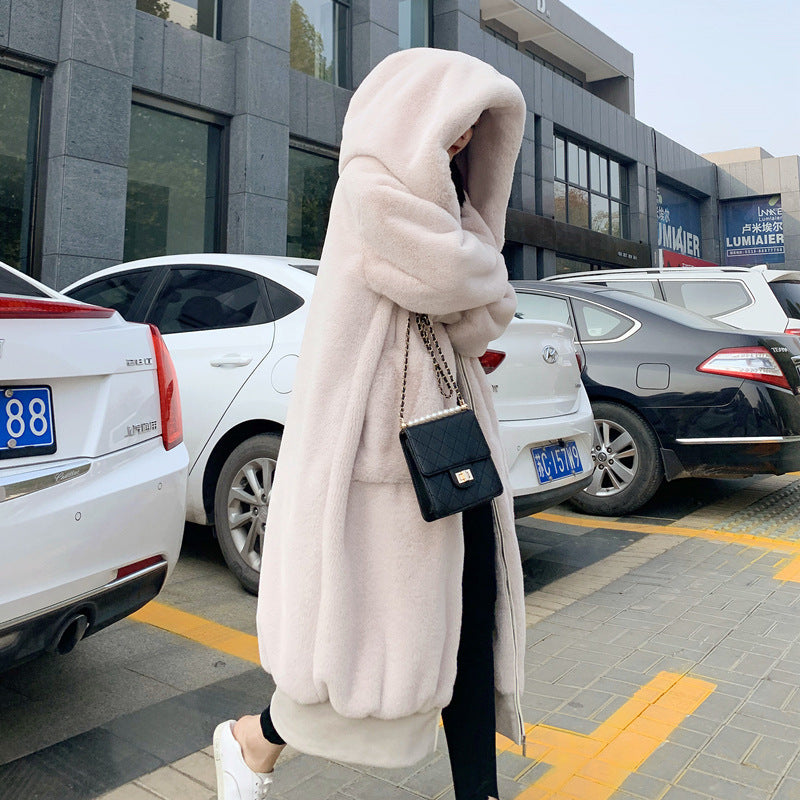 Rex Rabbit Fur Thickened Long Hooded Fur Coat Women