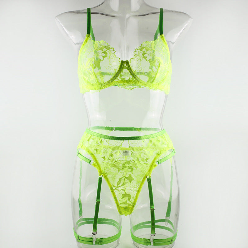 Fluorescent Green Underwear With Steel Ring Three-piece Set