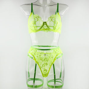 Fluorescent Green Underwear With Steel Ring Three-piece Set