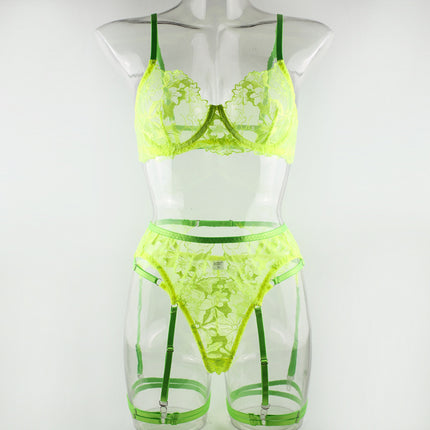 Fluorescent Green Underwear With Steel Ring Three-piece Set