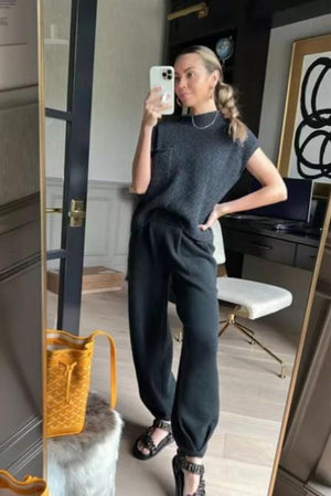 Women's Casual Two Piece Outfits With Pockets Sleeveless Top And Loose Pants Fashion Tracksuit Lounge Sets