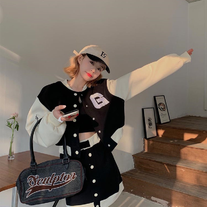 College Style Suit Coat Red Skirt Two-piece Set