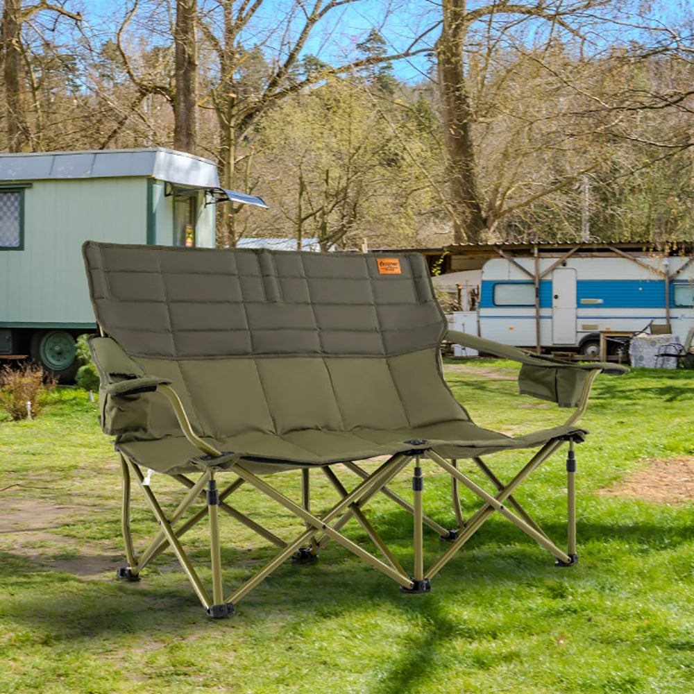 Oversized Camping Chair Folding Loveseat Camping Couch With Cup Holders & Thick Padding