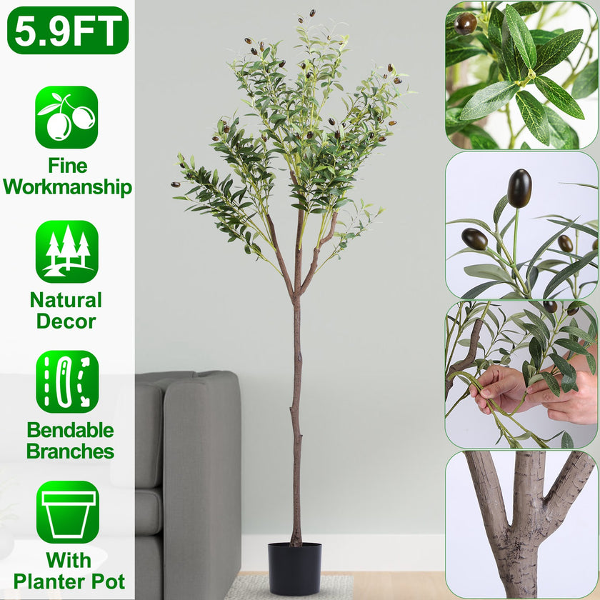 1Pc 5.9FT Artificial Olive Tree Tall Fake Olive Plant Faux Potted Olive Tree With Lush Olive Branches And Fruits With Black Planter Pot For Modern Home Office Living Room Shop Cafe