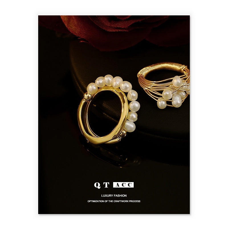 Retro Elegant Brass Plated 18K Real Gold Natural Pearl Ring