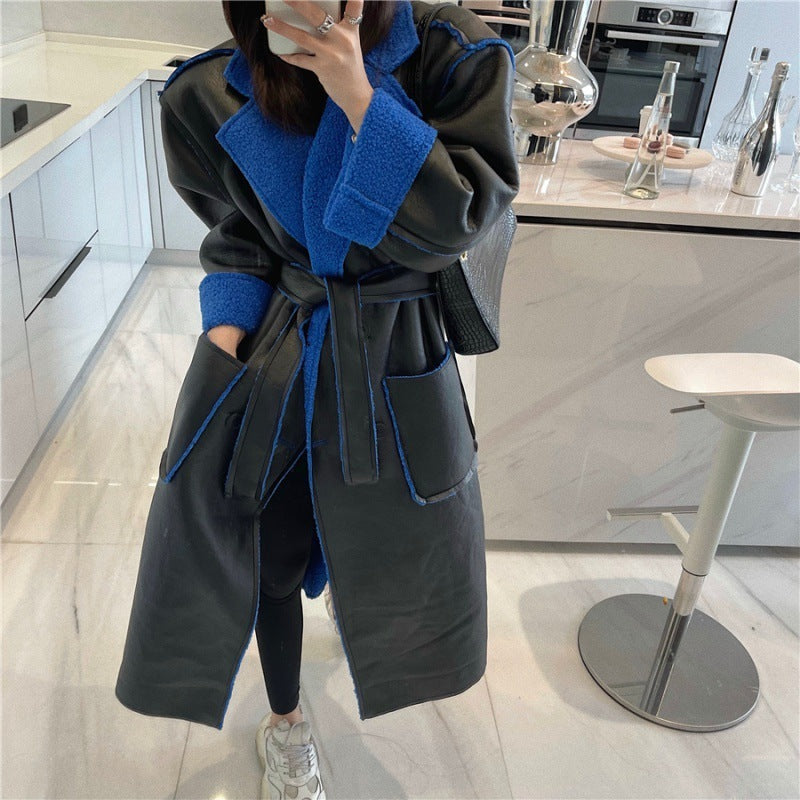 Fur Integrated Lamb Wool Medium Length Thickened Blue Coat