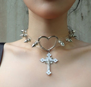 Rivet Leather Punk Thorn Cross Collar