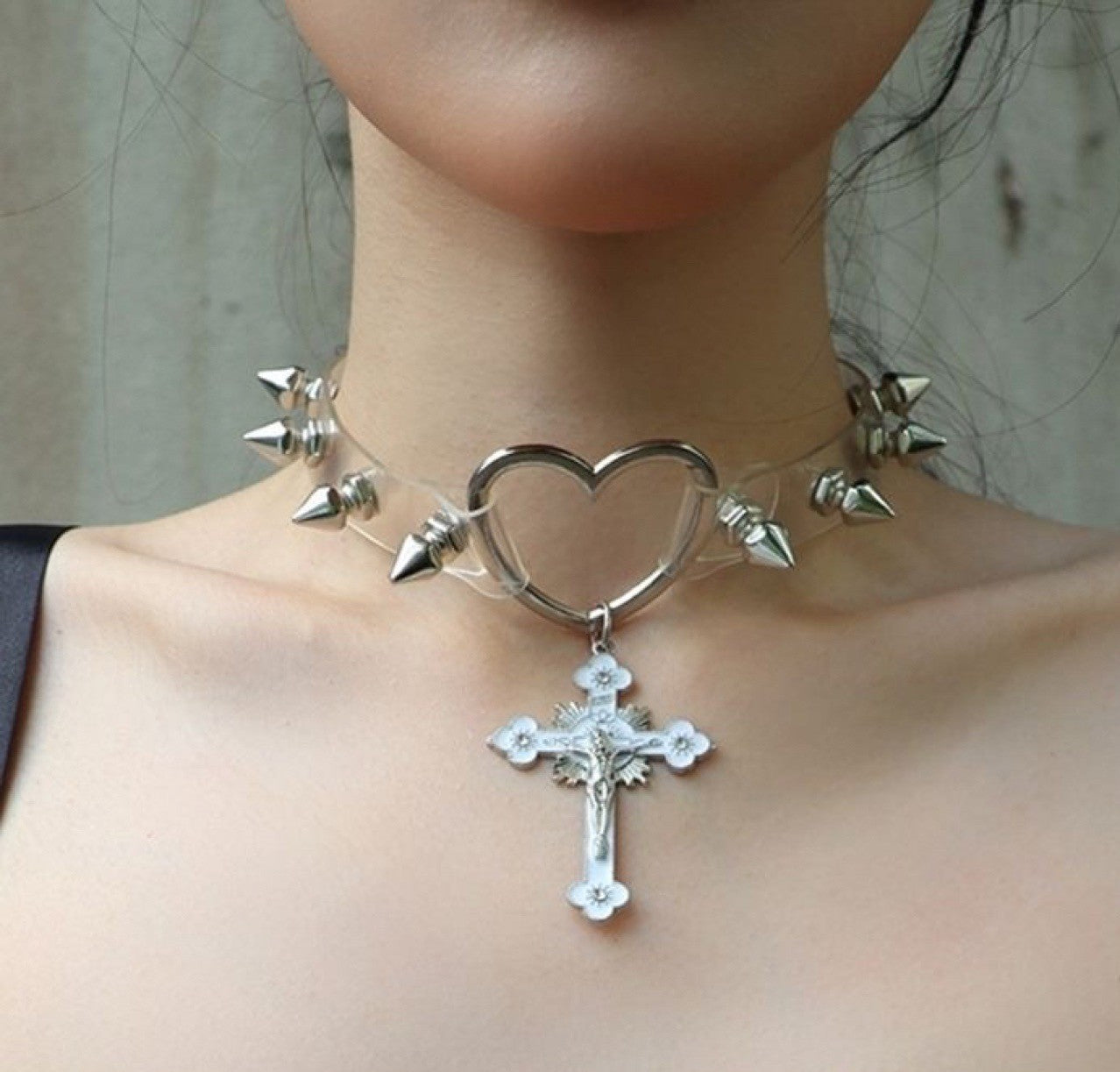 Rivet Leather Punk Thorn Cross Collar