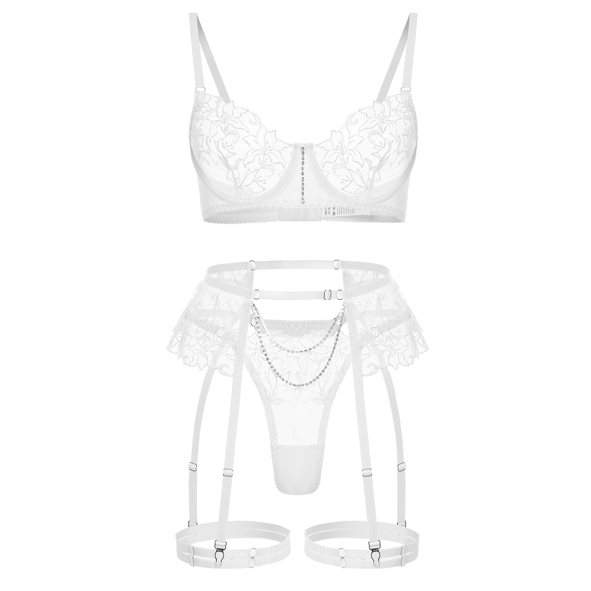 White Metal Chain Flowers Embroidered Underwear Bra Set