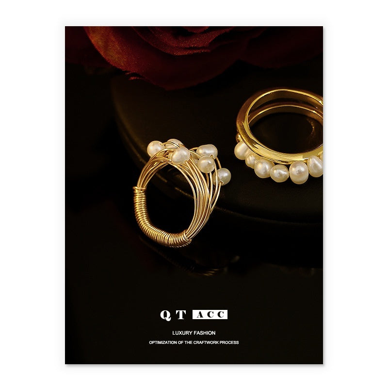 Retro Elegant Brass Plated 18K Real Gold Natural Pearl Ring