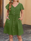 Button Butterfly Sleeve Cotton Linen With Pocket Beach Dress